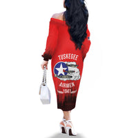 Tuskegee Airmen Red Tails Family Matching Off The Shoulder Long Sleeve Dress and Hawaiian Shirt 332nd Fighter Group WWII Tribute Red Style - Wonder Print Shop