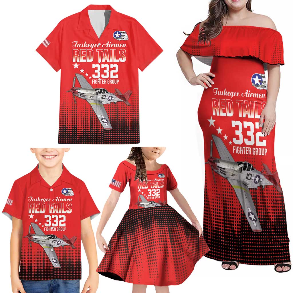 Tuskegee Airmen Red Tails Family Matching Off Shoulder Maxi Dress and Hawaiian Shirt 332nd Fighter Group WWII Tribute Red Style - Wonder Print Shop