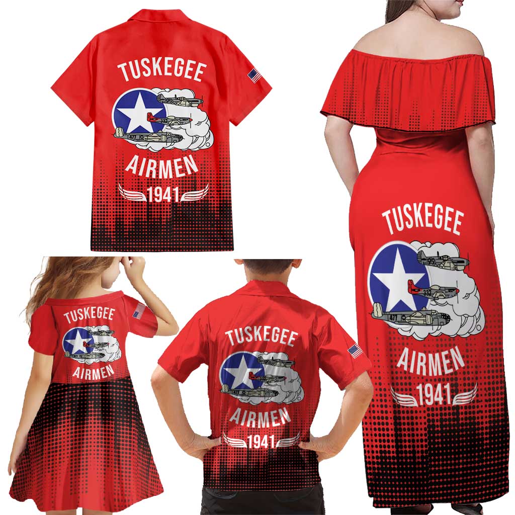 Tuskegee Airmen Red Tails Family Matching Off Shoulder Maxi Dress and Hawaiian Shirt 332nd Fighter Group WWII Tribute Red Style - Wonder Print Shop