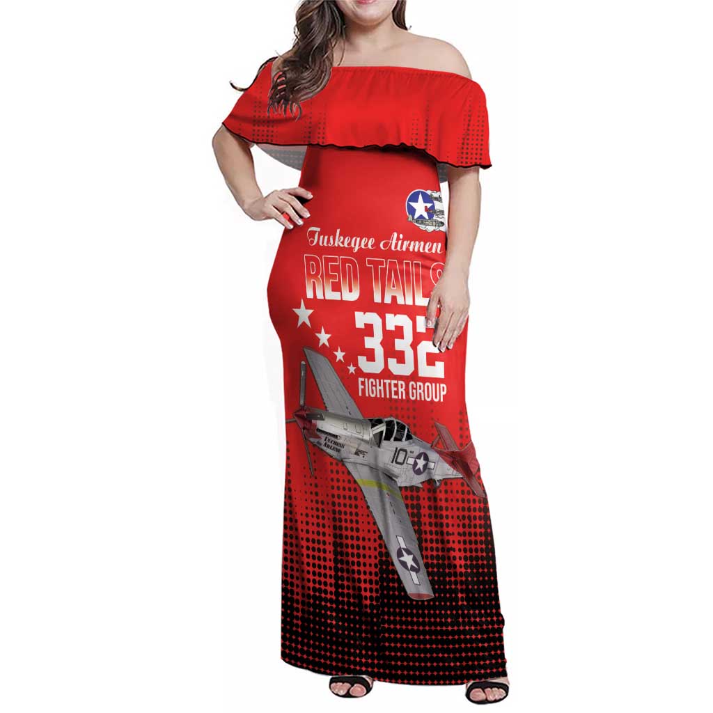 Tuskegee Airmen Red Tails Family Matching Off Shoulder Maxi Dress and Hawaiian Shirt 332nd Fighter Group WWII Tribute Red Style - Wonder Print Shop