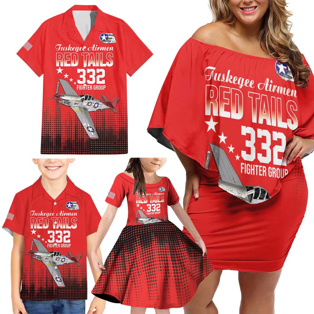 Tuskegee Airmen Red Tails Family Matching Off Shoulder Short Dress and Hawaiian Shirt 332nd Fighter Group WWII Tribute Red Style - Wonder Print Shop