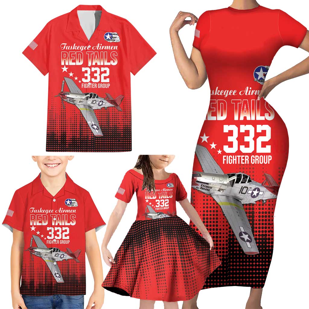 Tuskegee Airmen Red Tails Family Matching Short Sleeve Bodycon Dress and Hawaiian Shirt 332nd Fighter Group WWII Tribute Red Style - Wonder Print Shop
