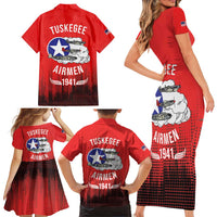 Tuskegee Airmen Red Tails Family Matching Short Sleeve Bodycon Dress and Hawaiian Shirt 332nd Fighter Group WWII Tribute Red Style - Wonder Print Shop