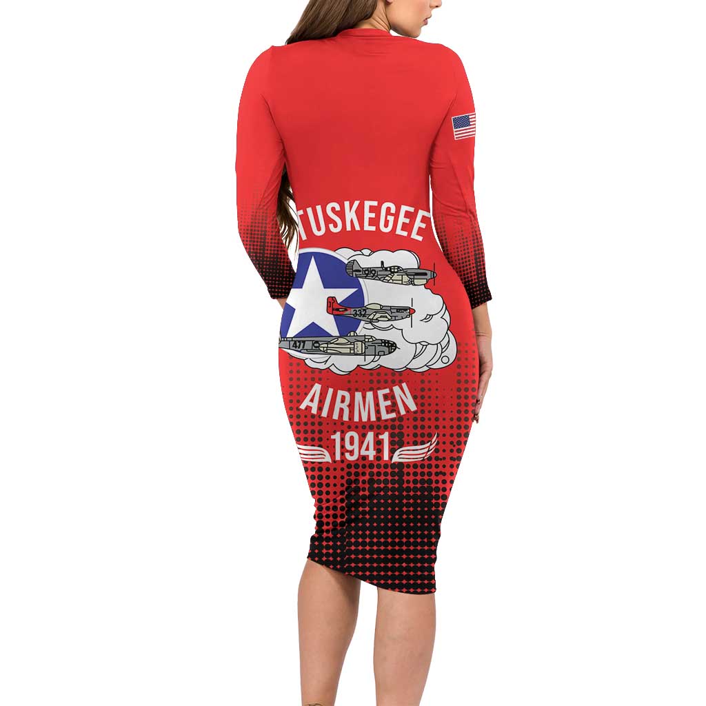 Tuskegee Airmen Red Tails Long Sleeve Bodycon Dress 332nd Fighter Group WWII Tribute Red Style - Wonder Print Shop