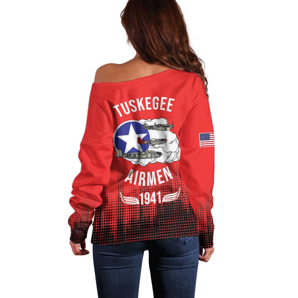 Tuskegee Airmen Red Tails Off Shoulder Sweater 332nd Fighter Group WWII Tribute Red Style - Wonder Print Shop