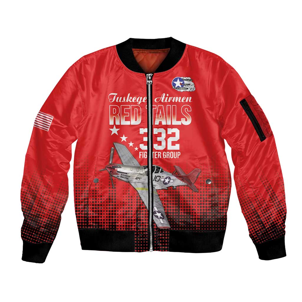 Tuskegee Airmen Red Tails Sleeve Zip Bomber Jacket 332nd Fighter Group WWII Tribute Red Style - Wonder Print Shop