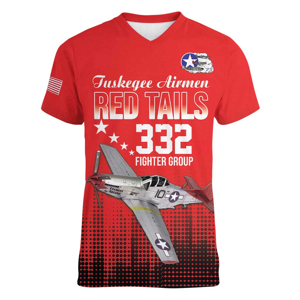 Tuskegee Airmen Red Tails Women V-Neck T-Shirt 332nd Fighter Group WWII Tribute Red Style - Wonder Print Shop