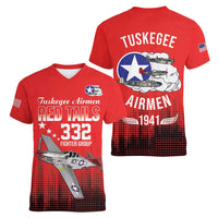 Tuskegee Airmen Red Tails Women V-Neck T-Shirt 332nd Fighter Group WWII Tribute Red Style - Wonder Print Shop