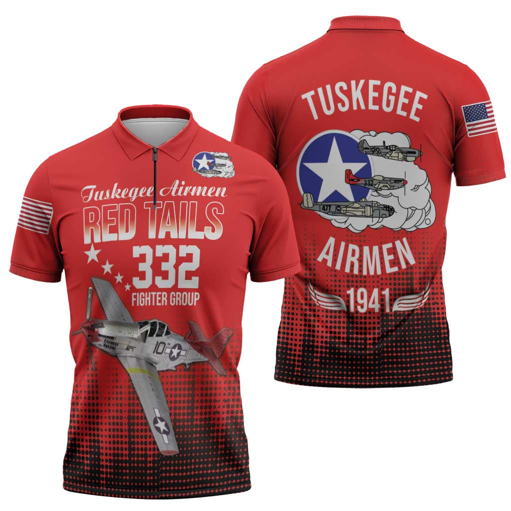 Tuskegee Airmen Red Tails Zipper Polo Shirt 332nd Fighter Group WWII Tribute Red Style - Wonder Print Shop