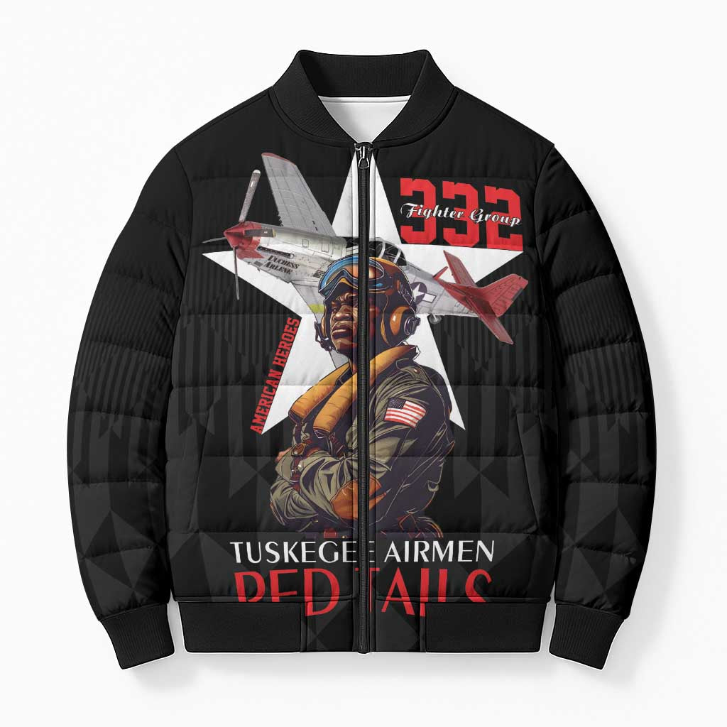 Tuskegee Airmen Red Tails Bomber Puffer Jacket African American Pilots Heritage Black Style - Wonder Print Shop