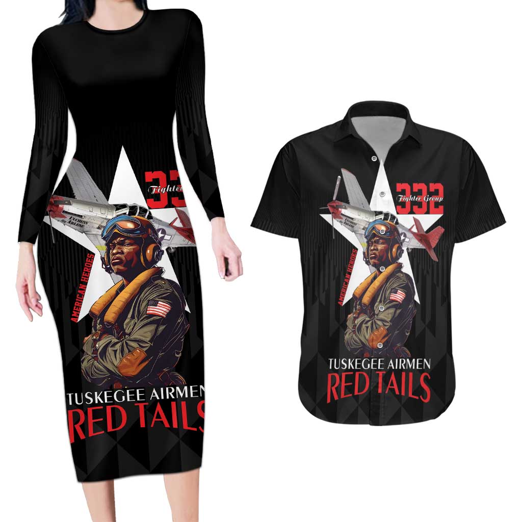 Tuskegee Airmen Red Tails Couples Matching Long Sleeve Bodycon Dress and Hawaiian Shirt African American Pilots Heritage Black Style - Wonder Print Shop
