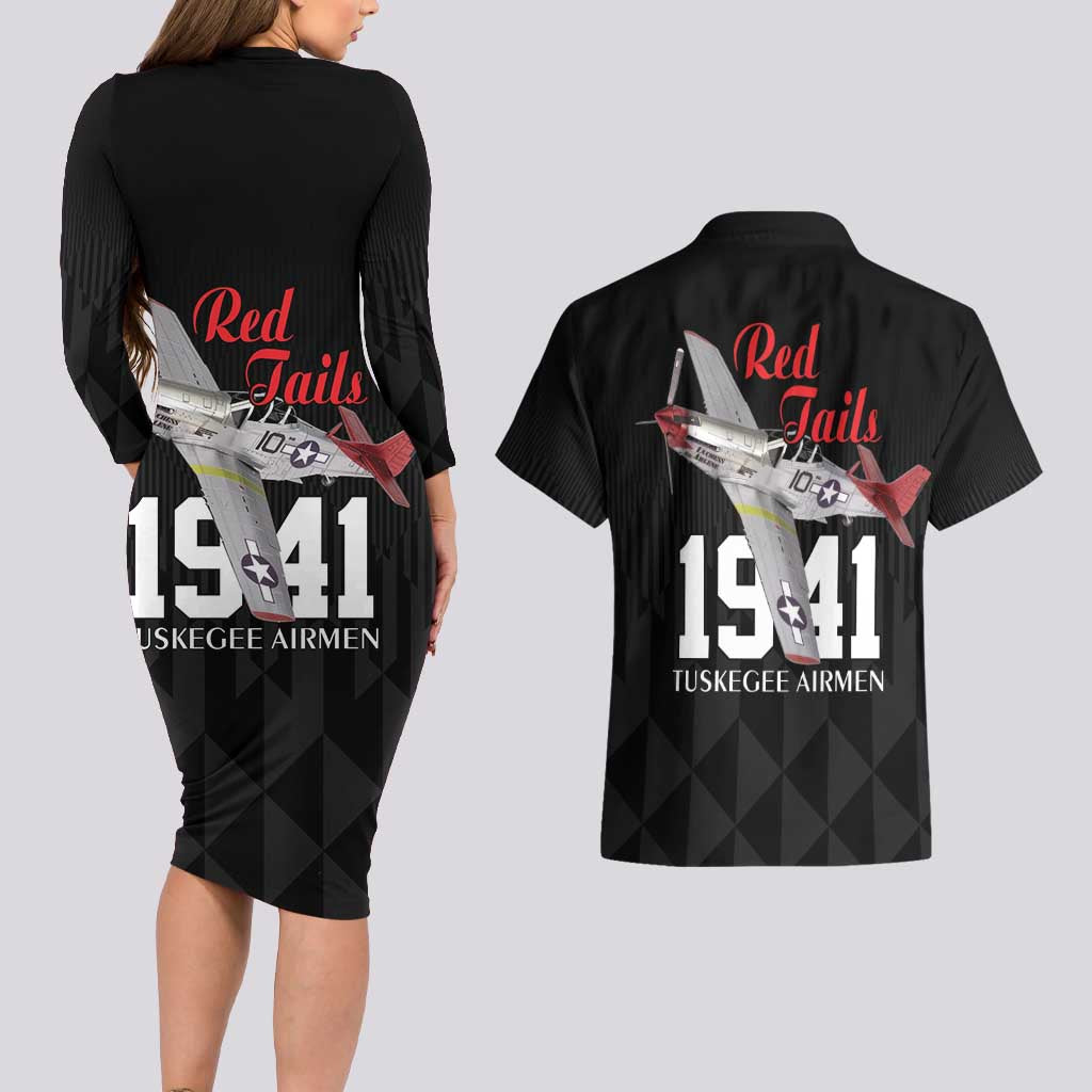 Tuskegee Airmen Red Tails Couples Matching Long Sleeve Bodycon Dress and Hawaiian Shirt African American Pilots Heritage Black Style - Wonder Print Shop