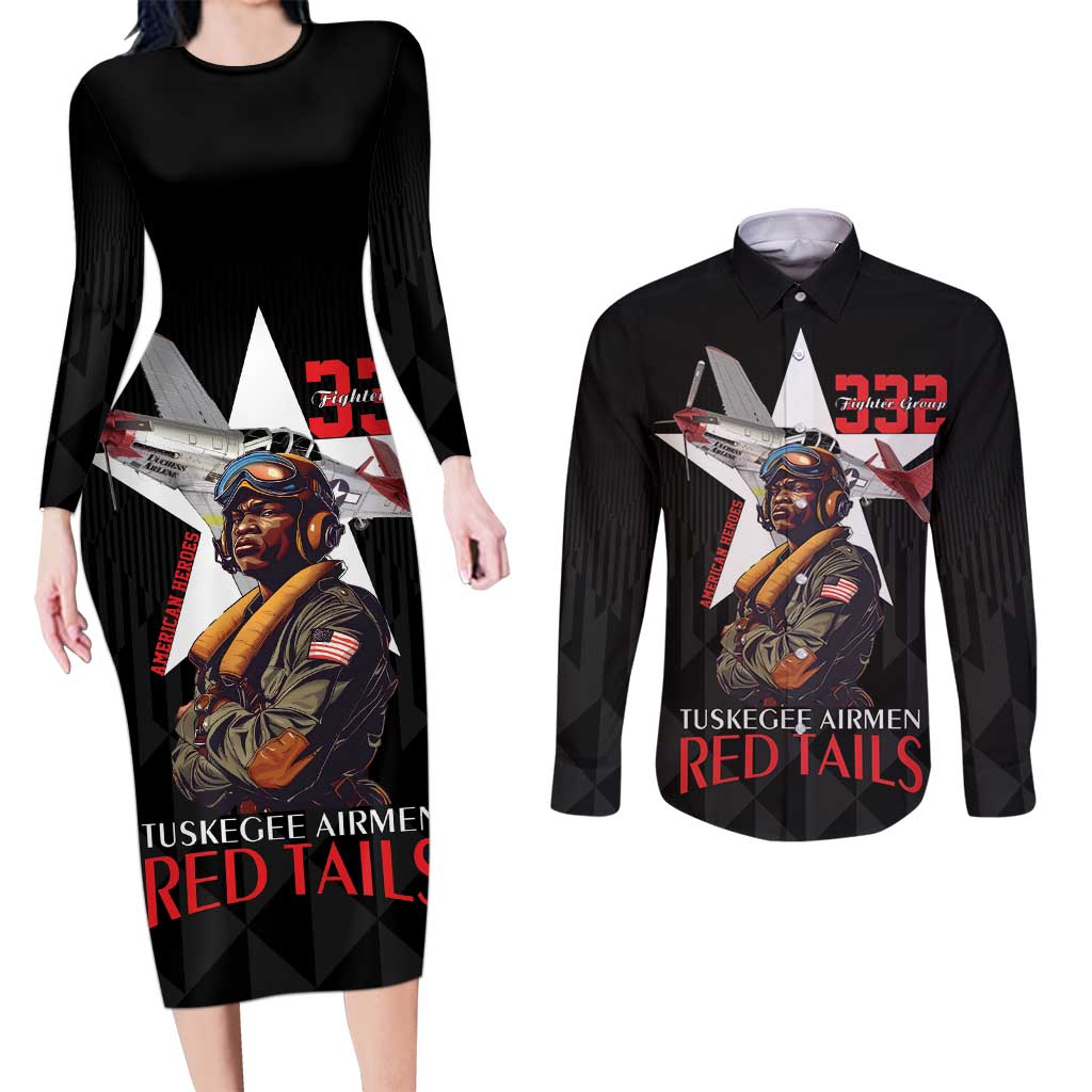 Tuskegee Airmen Red Tails Couples Matching Long Sleeve Bodycon Dress and Long Sleeve Button Shirt African American Pilots Heritage Black Style - Wonder Print Shop