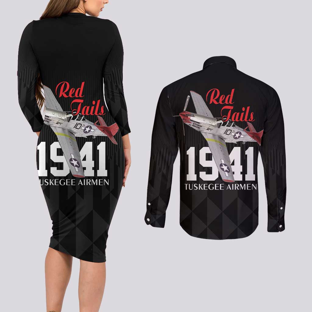 Tuskegee Airmen Red Tails Couples Matching Long Sleeve Bodycon Dress and Long Sleeve Button Shirt African American Pilots Heritage Black Style - Wonder Print Shop