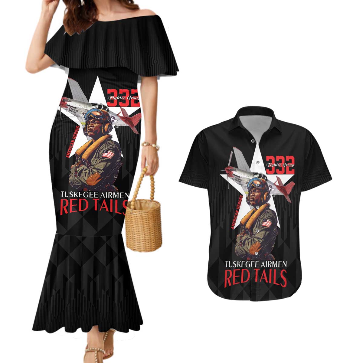 Tuskegee Airmen Red Tails Couples Matching Mermaid Dress and Hawaiian Shirt African American Pilots Heritage Black Style - Wonder Print Shop