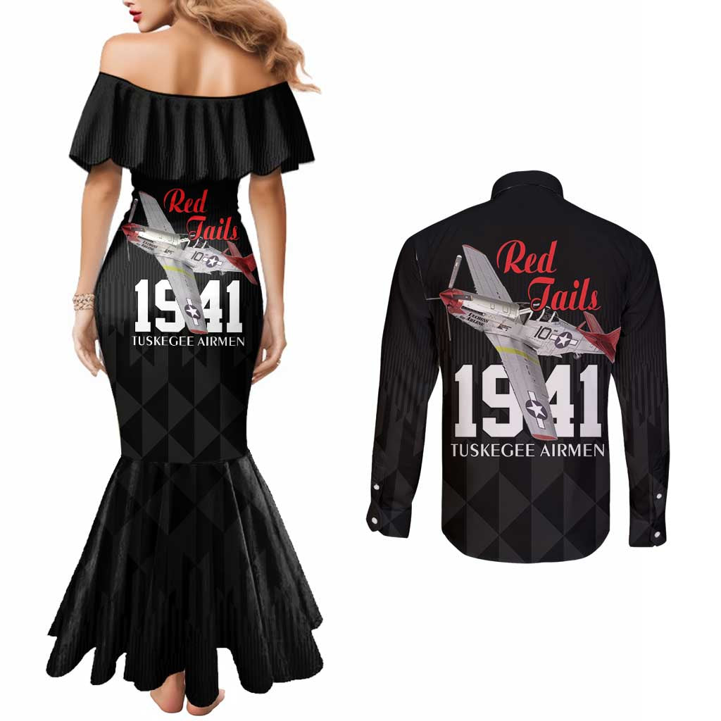 Tuskegee Airmen Red Tails Couples Matching Mermaid Dress and Long Sleeve Button Shirt African American Pilots Heritage Black Style - Wonder Print Shop