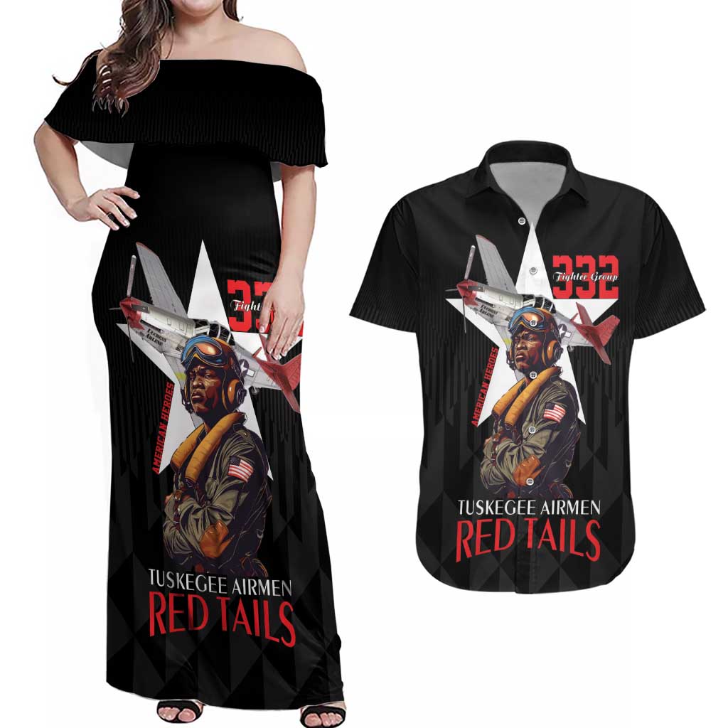 Tuskegee Airmen Red Tails Couples Matching Off Shoulder Maxi Dress and Hawaiian Shirt African American Pilots Heritage Black Style - Wonder Print Shop