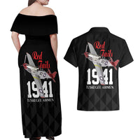 Tuskegee Airmen Red Tails Couples Matching Off Shoulder Maxi Dress and Hawaiian Shirt African American Pilots Heritage Black Style - Wonder Print Shop