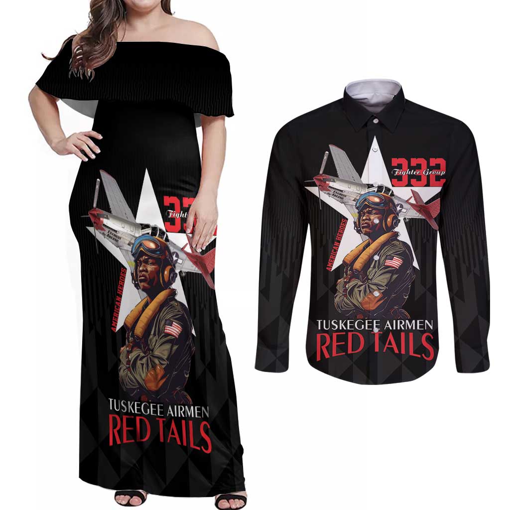 Tuskegee Airmen Red Tails Couples Matching Off Shoulder Maxi Dress and Long Sleeve Button Shirt African American Pilots Heritage Black Style - Wonder Print Shop