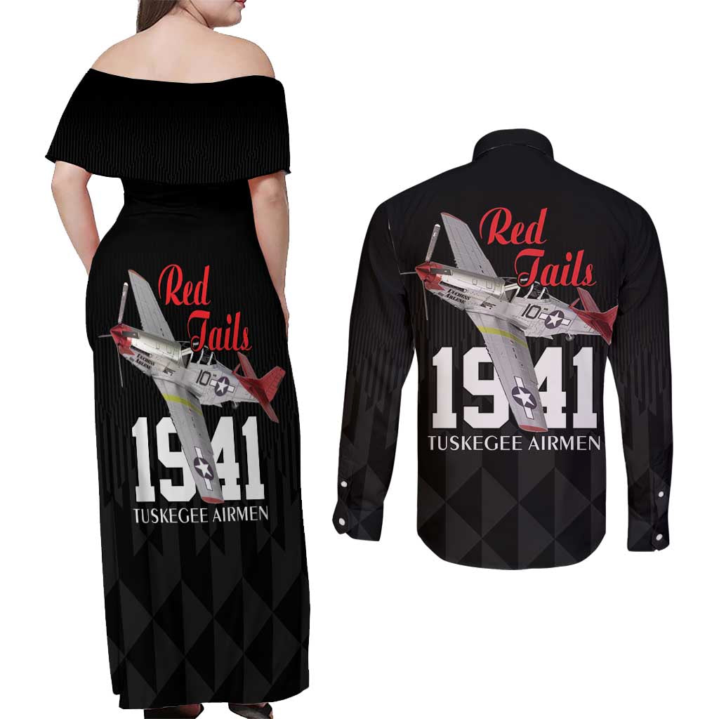 Tuskegee Airmen Red Tails Couples Matching Off Shoulder Maxi Dress and Long Sleeve Button Shirt African American Pilots Heritage Black Style - Wonder Print Shop