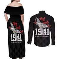 Tuskegee Airmen Red Tails Couples Matching Off Shoulder Maxi Dress and Long Sleeve Button Shirt African American Pilots Heritage Black Style - Wonder Print Shop