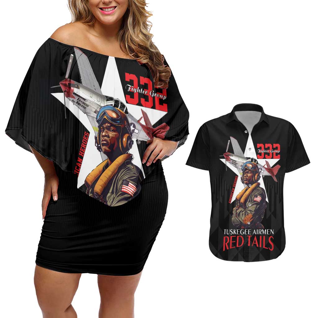 Tuskegee Airmen Red Tails Couples Matching Off Shoulder Short Dress and Hawaiian Shirt African American Pilots Heritage Black Style - Wonder Print Shop