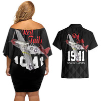 Tuskegee Airmen Red Tails Couples Matching Off Shoulder Short Dress and Hawaiian Shirt African American Pilots Heritage Black Style - Wonder Print Shop