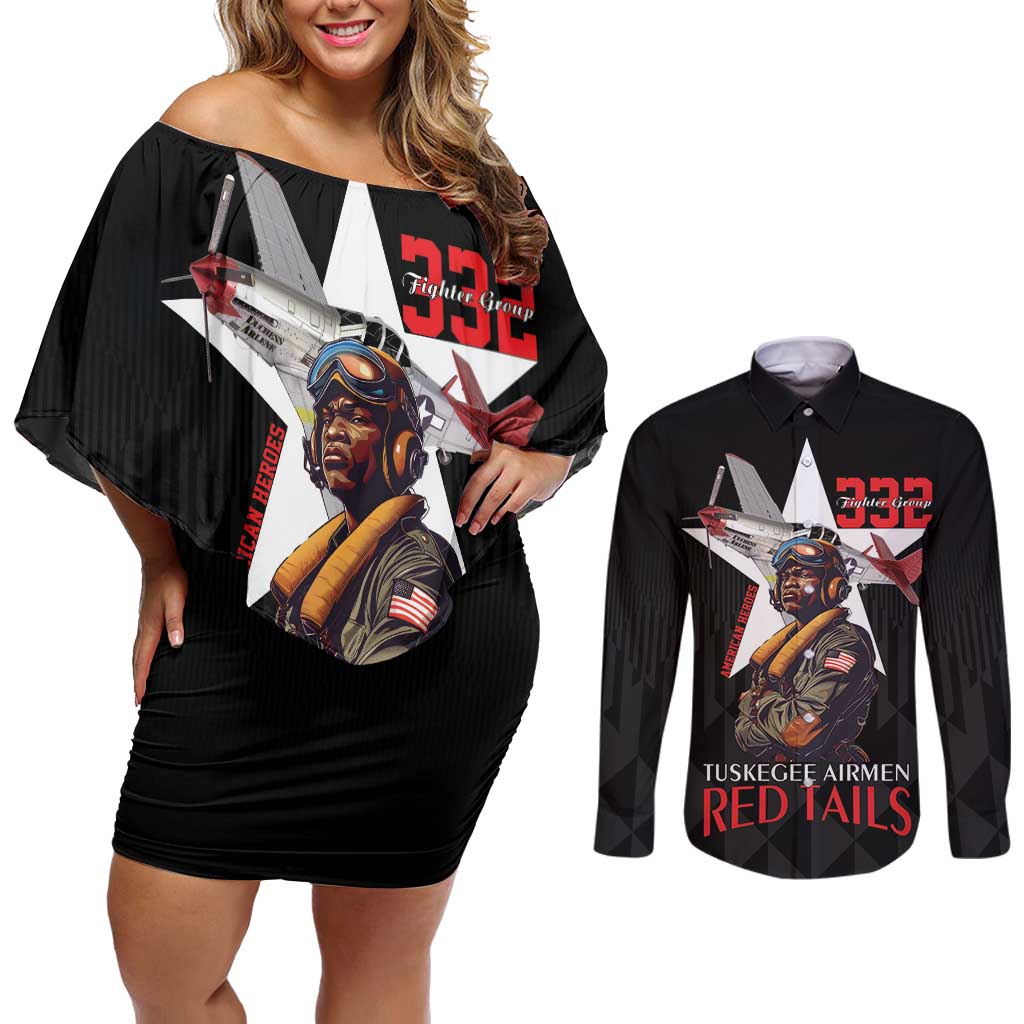 Tuskegee Airmen Red Tails Couples Matching Off Shoulder Short Dress and Long Sleeve Button Shirt African American Pilots Heritage Black Style - Wonder Print Shop
