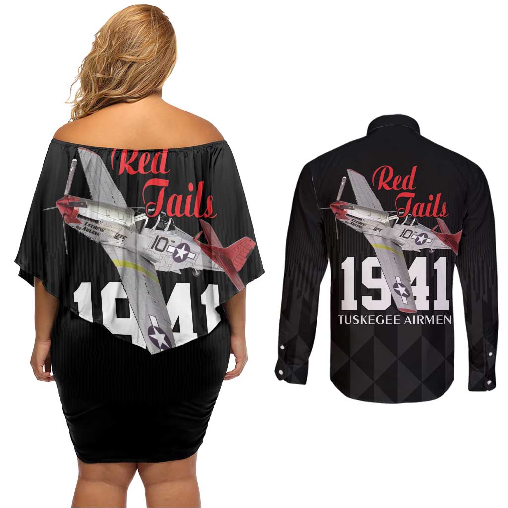 Tuskegee Airmen Red Tails Couples Matching Off Shoulder Short Dress and Long Sleeve Button Shirt African American Pilots Heritage Black Style - Wonder Print Shop
