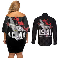 Tuskegee Airmen Red Tails Couples Matching Off Shoulder Short Dress and Long Sleeve Button Shirt African American Pilots Heritage Black Style - Wonder Print Shop