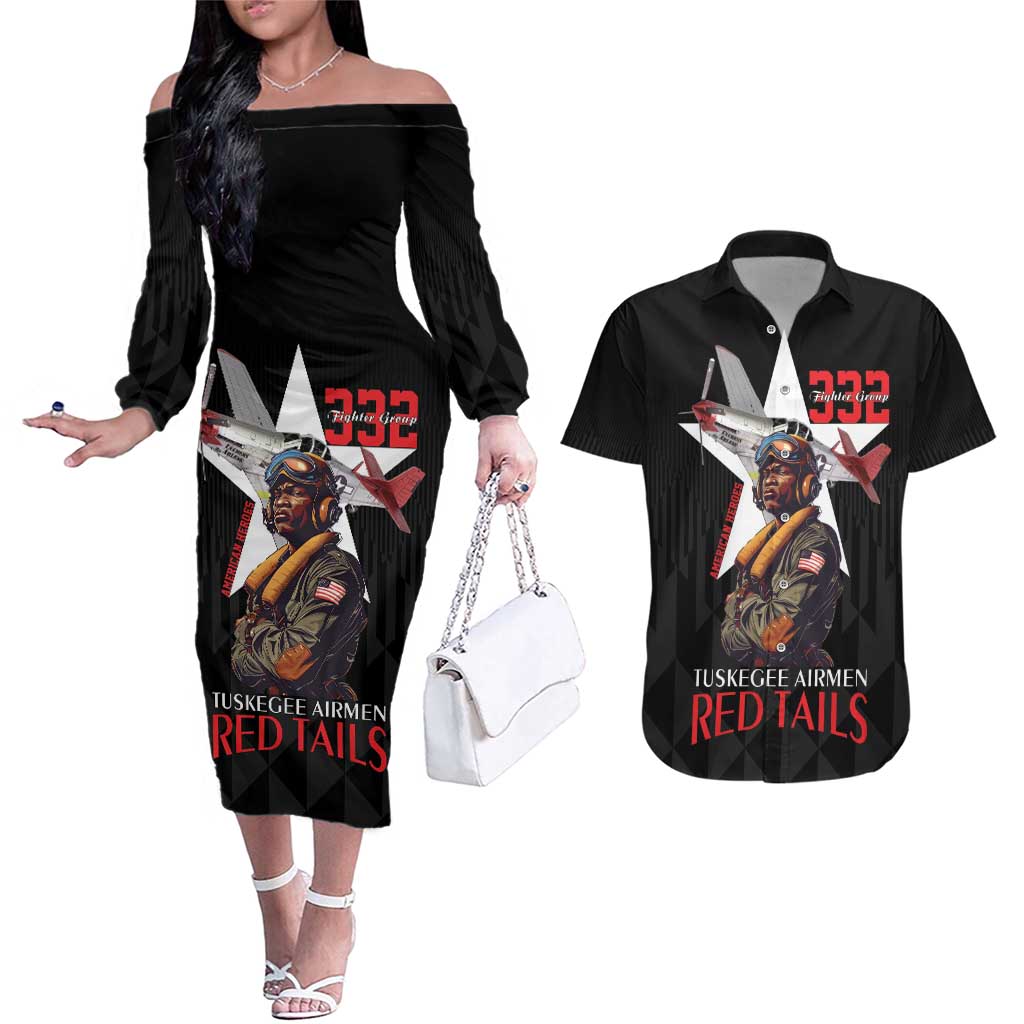 Tuskegee Airmen Red Tails Couples Matching Off The Shoulder Long Sleeve Dress and Hawaiian Shirt African American Pilots Heritage Black Style - Wonder Print Shop