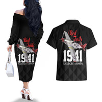 Tuskegee Airmen Red Tails Couples Matching Off The Shoulder Long Sleeve Dress and Hawaiian Shirt African American Pilots Heritage Black Style - Wonder Print Shop