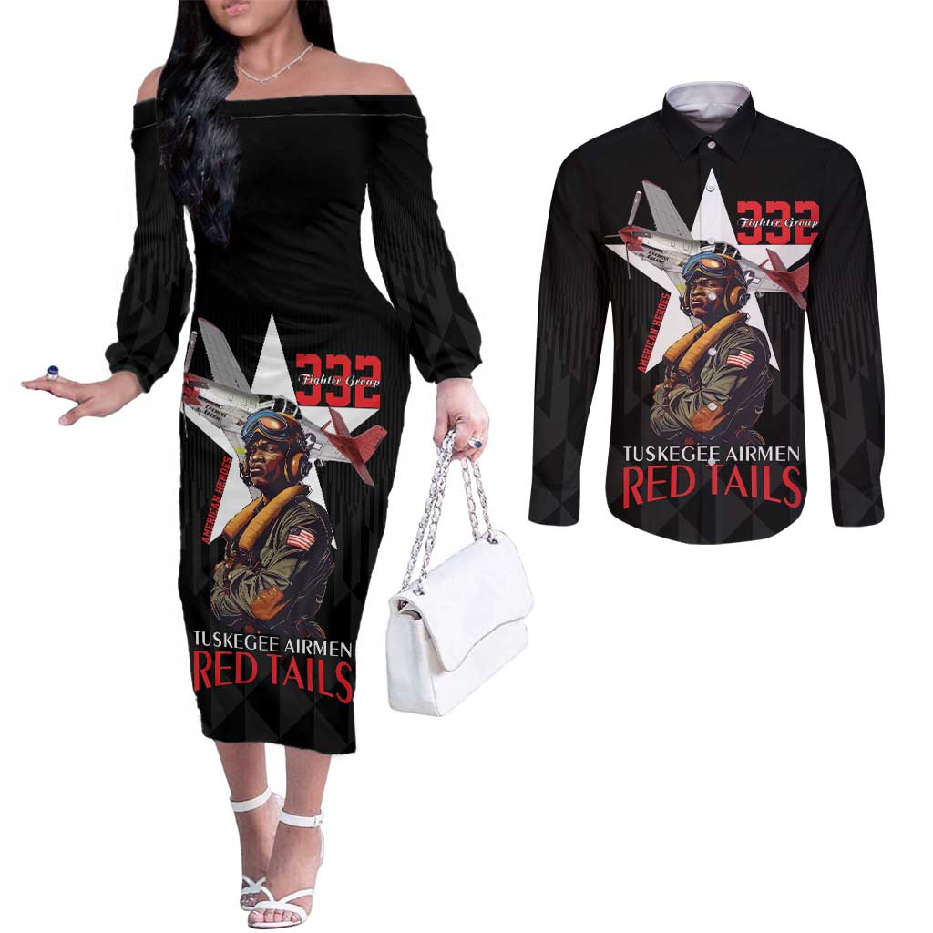 Tuskegee Airmen Red Tails Couples Matching Off The Shoulder Long Sleeve Dress and Long Sleeve Button Shirt African American Pilots Heritage Black Style - Wonder Print Shop