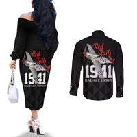 Tuskegee Airmen Red Tails Couples Matching Off The Shoulder Long Sleeve Dress and Long Sleeve Button Shirt African American Pilots Heritage Black Style - Wonder Print Shop