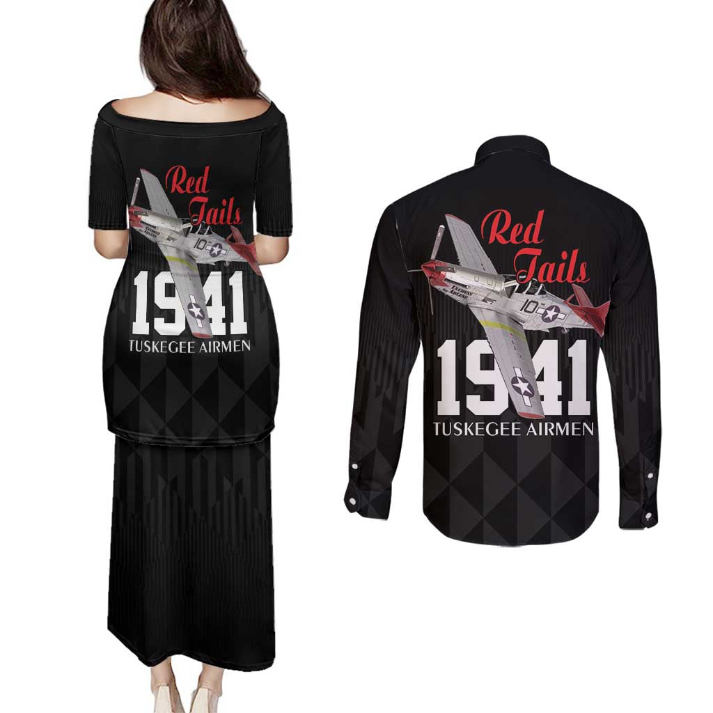 Tuskegee Airmen Red Tails Couples Matching Puletasi and Long Sleeve Button Shirt African American Pilots Heritage Black Style - Wonder Print Shop