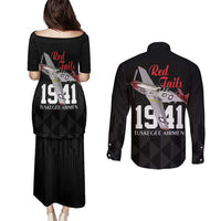 Tuskegee Airmen Red Tails Couples Matching Puletasi and Long Sleeve Button Shirt African American Pilots Heritage Black Style - Wonder Print Shop