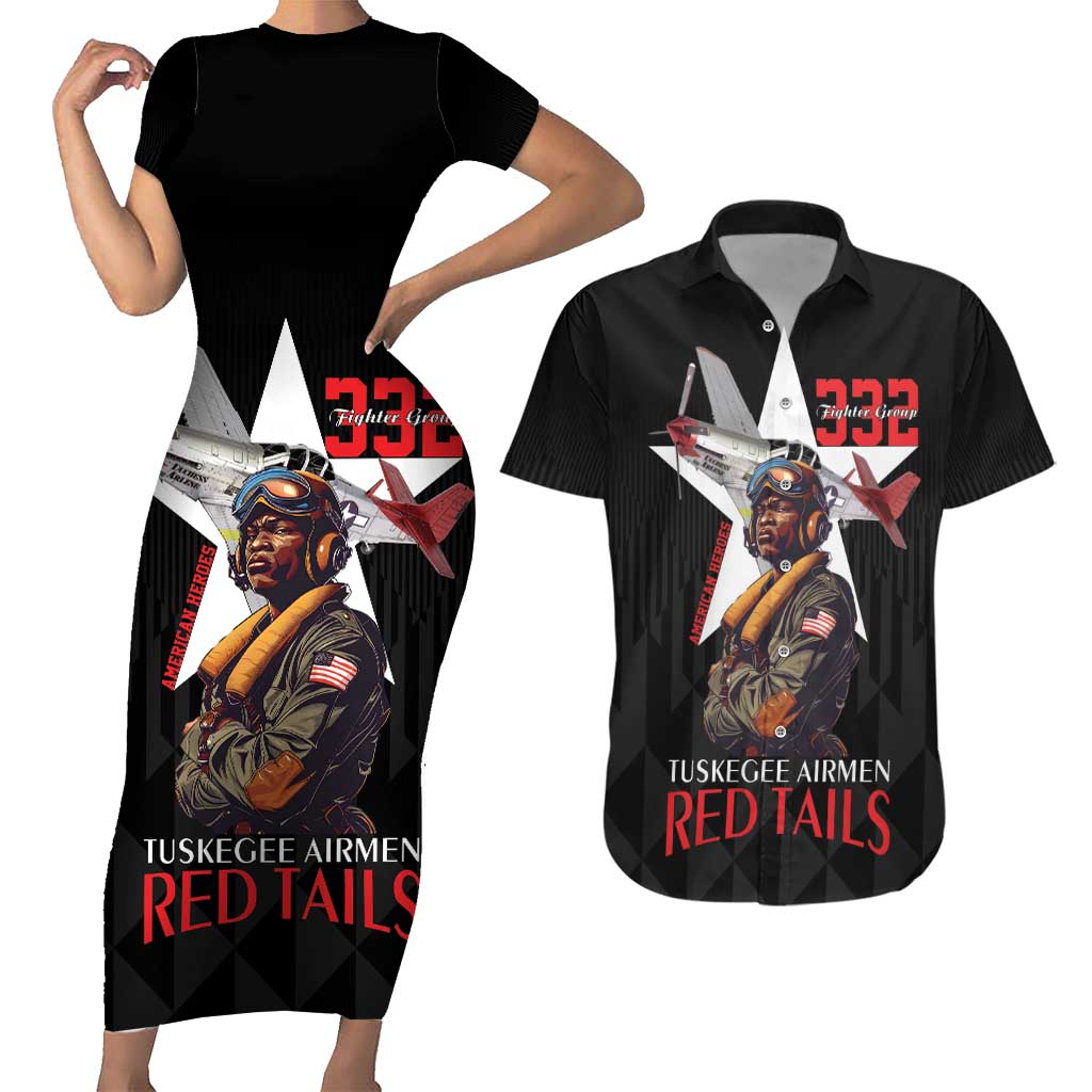 Tuskegee Airmen Red Tails Couples Matching Short Sleeve Bodycon Dress and Hawaiian Shirt African American Pilots Heritage Black Style - Wonder Print Shop