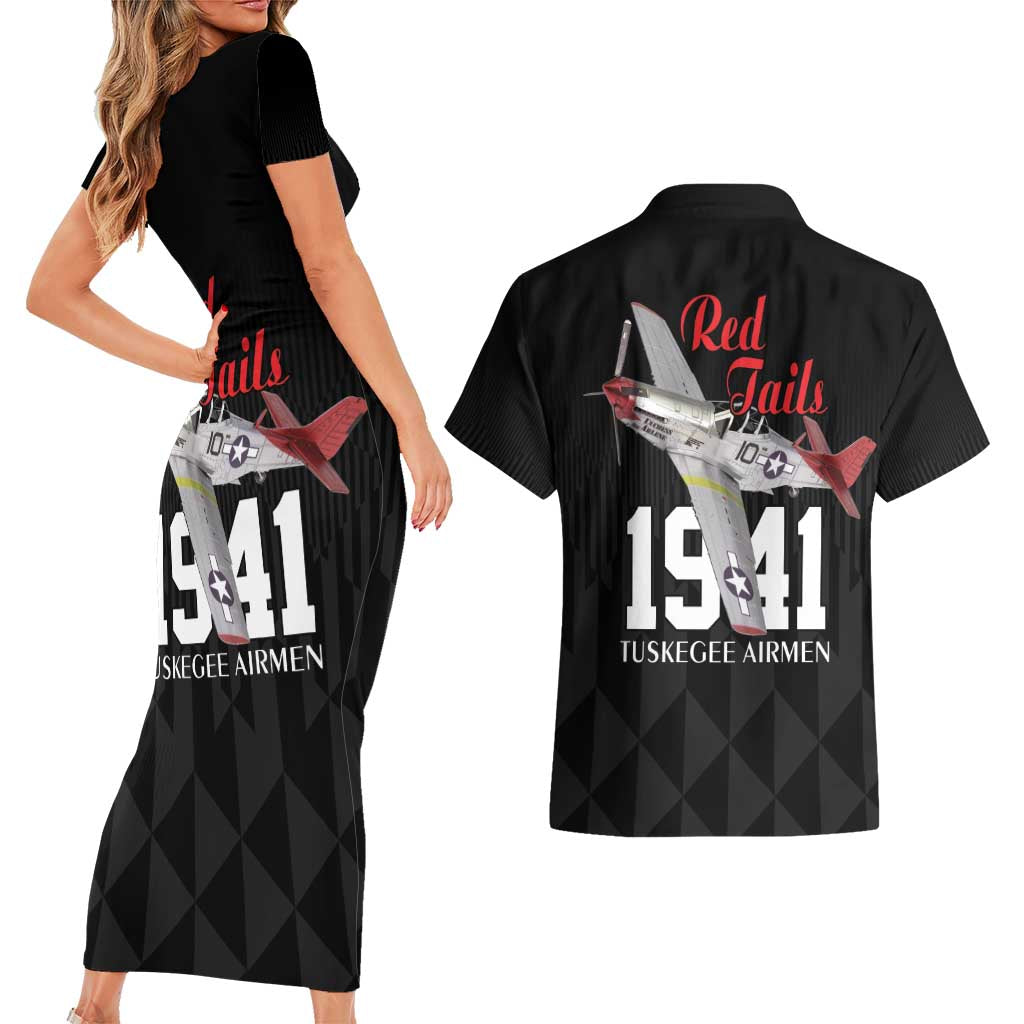 Tuskegee Airmen Red Tails Couples Matching Short Sleeve Bodycon Dress and Hawaiian Shirt African American Pilots Heritage Black Style - Wonder Print Shop