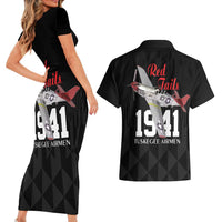 Tuskegee Airmen Red Tails Couples Matching Short Sleeve Bodycon Dress and Hawaiian Shirt African American Pilots Heritage Black Style - Wonder Print Shop