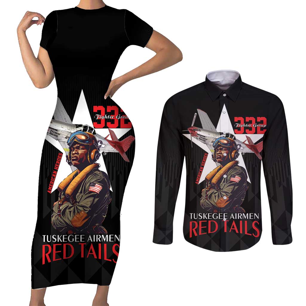 Tuskegee Airmen Red Tails Couples Matching Short Sleeve Bodycon Dress and Long Sleeve Button Shirt African American Pilots Heritage Black Style - Wonder Print Shop