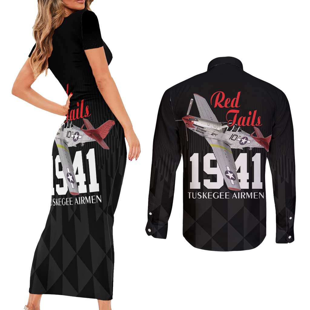 Tuskegee Airmen Red Tails Couples Matching Short Sleeve Bodycon Dress and Long Sleeve Button Shirt African American Pilots Heritage Black Style - Wonder Print Shop