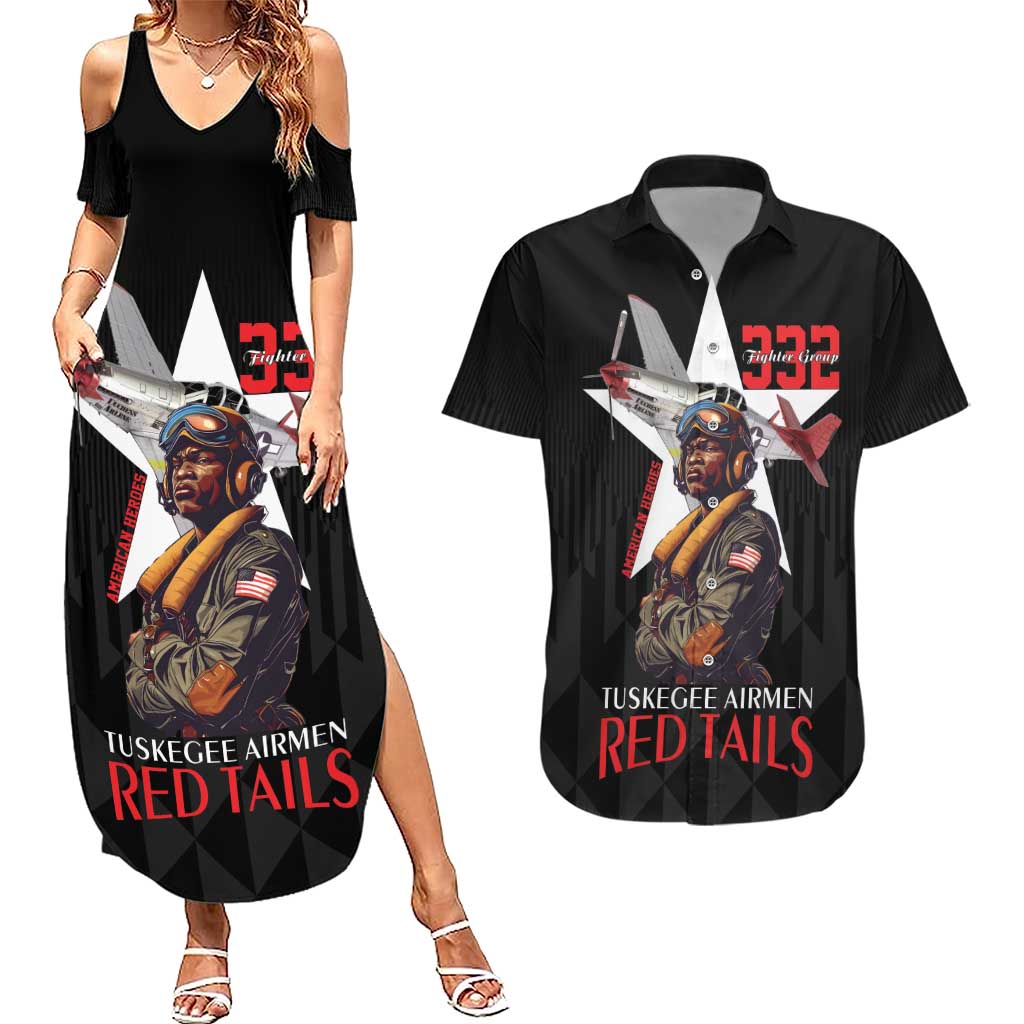 Tuskegee Airmen Red Tails Couples Matching Summer Maxi Dress and Hawaiian Shirt African American Pilots Heritage Black Style - Wonder Print Shop