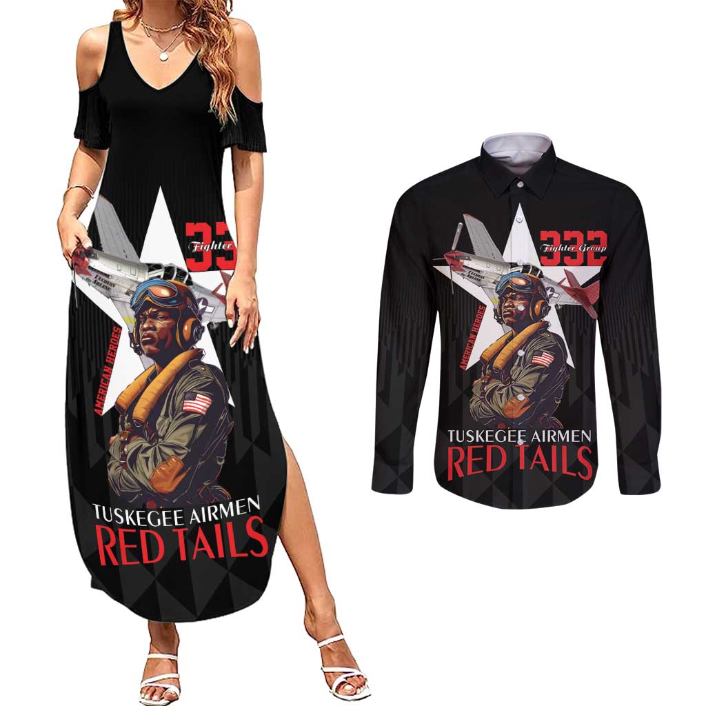Tuskegee Airmen Red Tails Couples Matching Summer Maxi Dress and Long Sleeve Button Shirt African American Pilots Heritage Black Style - Wonder Print Shop