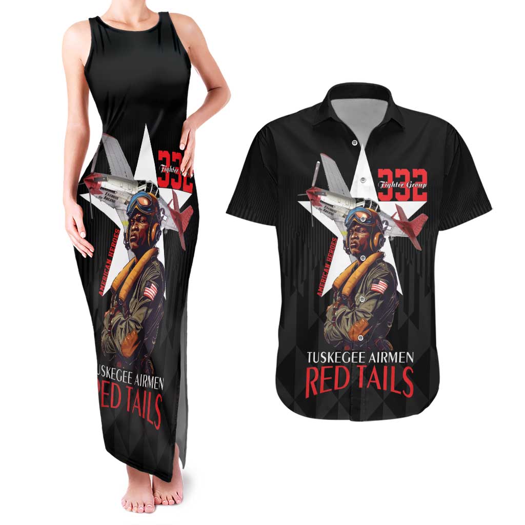 Tuskegee Airmen Red Tails Couples Matching Tank Maxi Dress and Hawaiian Shirt African American Pilots Heritage Black Style - Wonder Print Shop