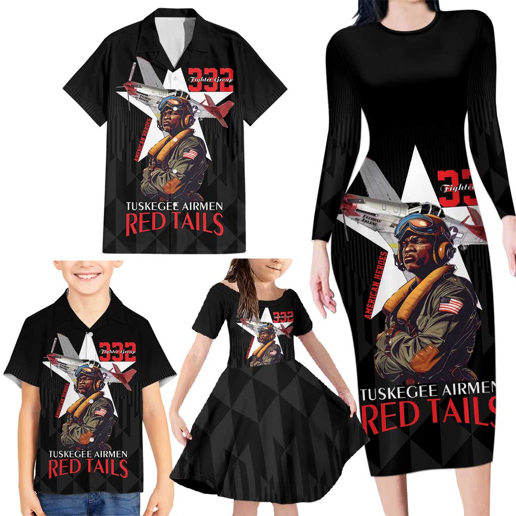 Tuskegee Airmen Red Tails Family Matching Long Sleeve Bodycon Dress and Hawaiian Shirt African American Pilots Heritage Black Style - Wonder Print Shop