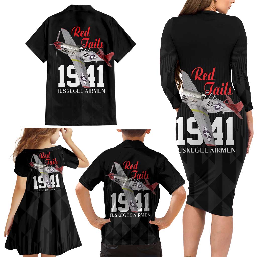 Tuskegee Airmen Red Tails Family Matching Long Sleeve Bodycon Dress and Hawaiian Shirt African American Pilots Heritage Black Style - Wonder Print Shop
