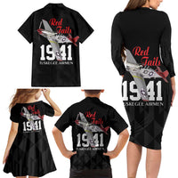 Tuskegee Airmen Red Tails Family Matching Long Sleeve Bodycon Dress and Hawaiian Shirt African American Pilots Heritage Black Style - Wonder Print Shop