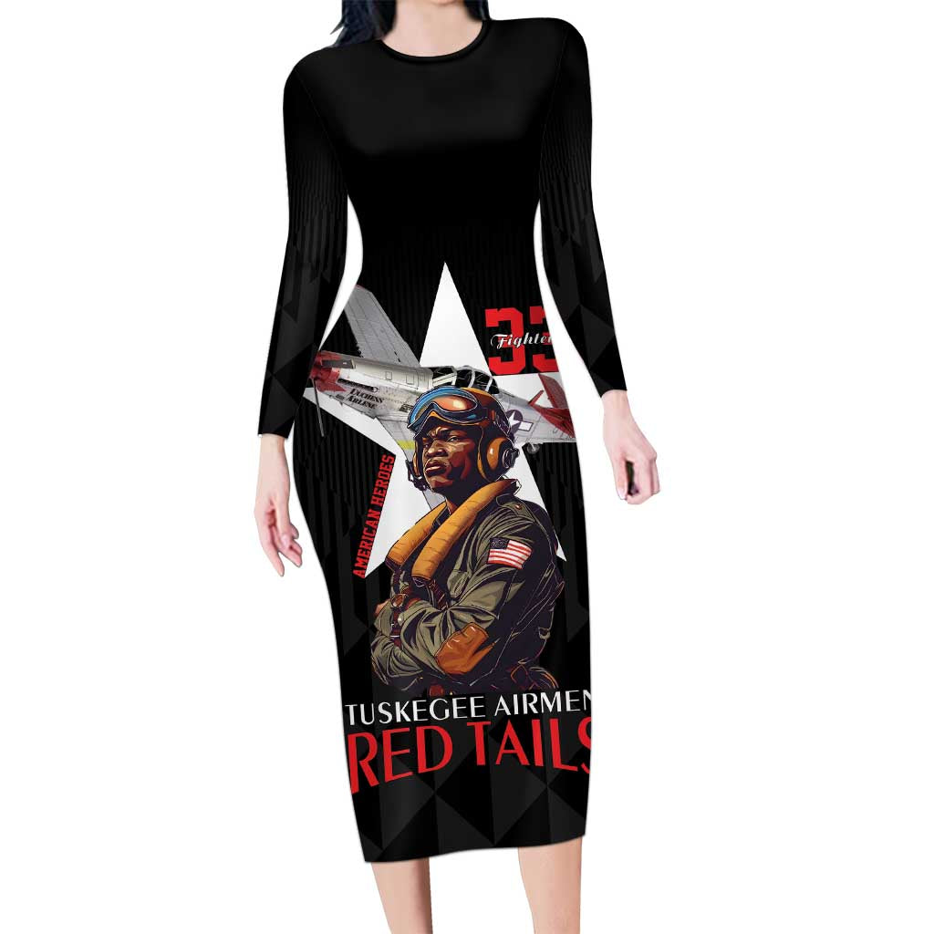 Tuskegee Airmen Red Tails Family Matching Long Sleeve Bodycon Dress and Hawaiian Shirt African American Pilots Heritage Black Style - Wonder Print Shop