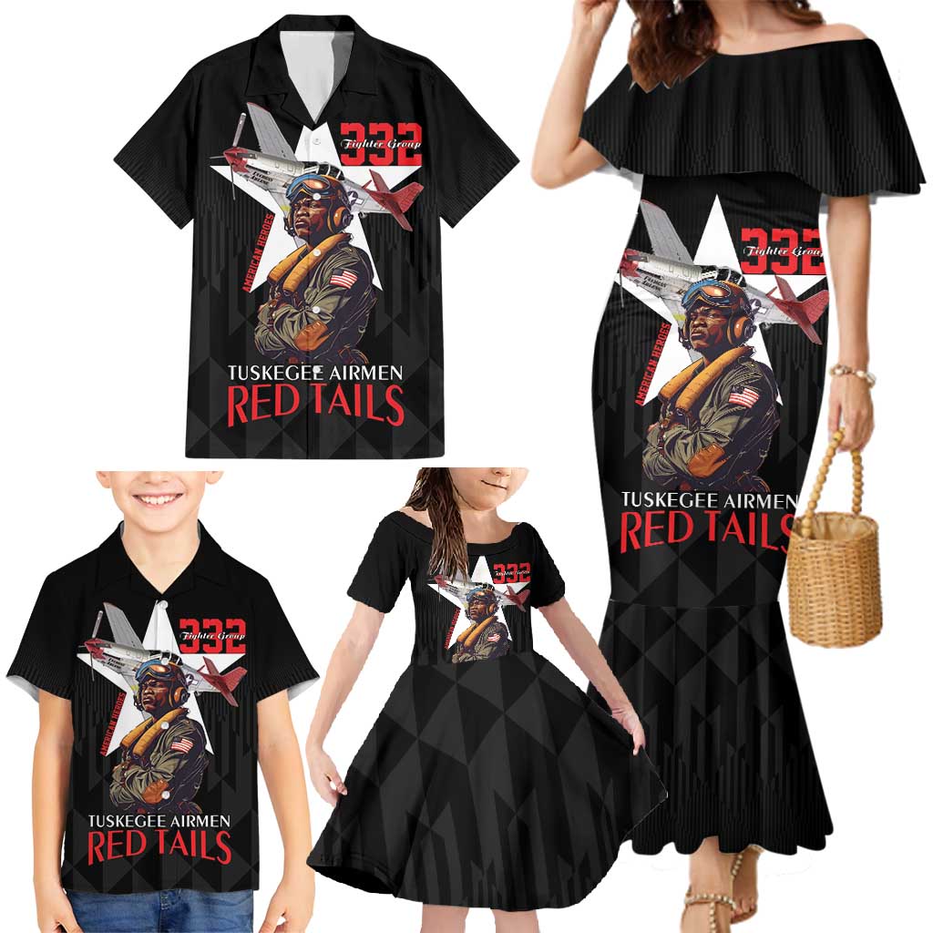 Tuskegee Airmen Red Tails Family Matching Mermaid Dress and Hawaiian Shirt African American Pilots Heritage Black Style - Wonder Print Shop