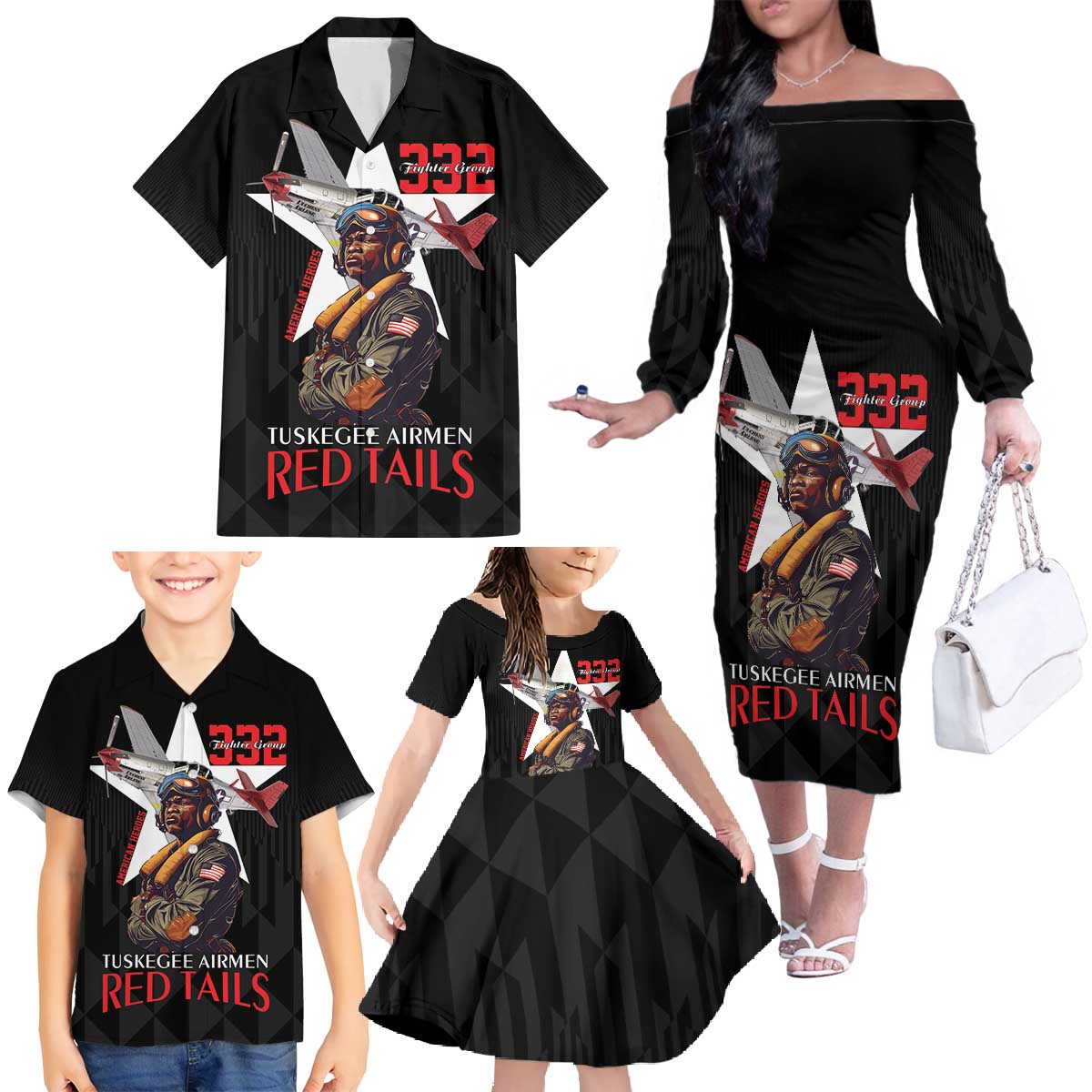 Tuskegee Airmen Red Tails Family Matching Off The Shoulder Long Sleeve Dress and Hawaiian Shirt African American Pilots Heritage Black Style - Wonder Print Shop